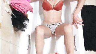 Pissing on slender doxy in her underclothing as that babe holds my jock with her feet