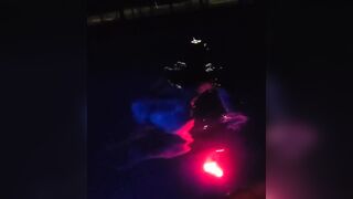 Snuck her exposed into the neighbors pool to phat her off at sunset