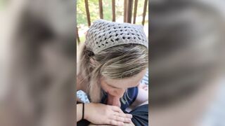 Blond sweetheart gives head on the patio