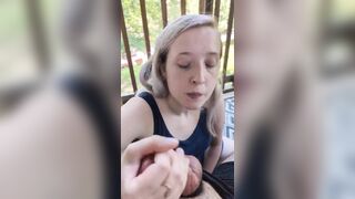 Blond sweetheart gives head on the patio