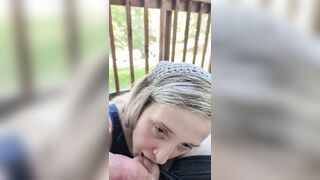 Blond sweetheart gives head on the patio