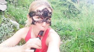 Sexually excited Skinny cutie bang herself with selfie stick in mountain trekking - Gal Fowler