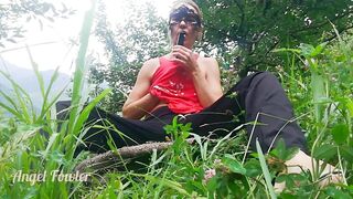 Sexually excited Skinny cutie bang herself with selfie stick in mountain trekking - Gal Fowler