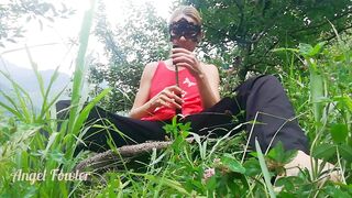 Sexually excited Skinny cutie bang herself with selfie stick in mountain trekking - Gal Fowler