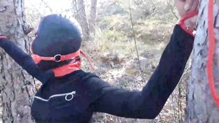 Bound to a tree on a hawt outfit, masked and outdoor deepthroat with no lenience