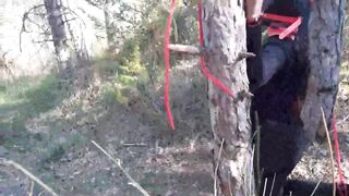 Bound to a tree on a hawt outfit, masked and outdoor deepthroat with no lenience