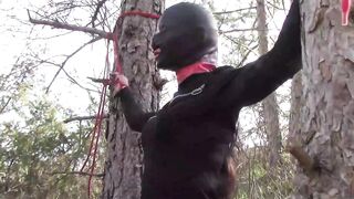 Bound to a tree on a hawt outfit, masked and outdoor deepthroat with no lenience