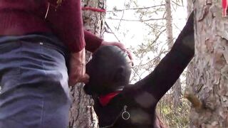 Bound to a tree on a hawt outfit, masked and outdoor deepthroat with no lenience