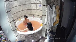 Nina and Kira in bathroom ,washing, shaving