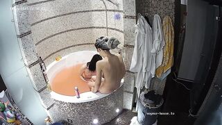 Nina and Kira in bathroom ,washing, shaving