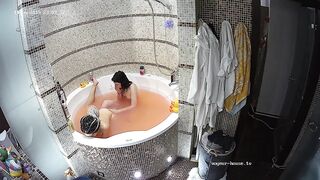 Nina and Kira in bathroom ,washing, shaving