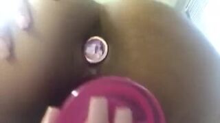 Sextoy Screwing My Constricted CREAMY Black Twat in My Dorm Room During the time that Wearing a Buttplug