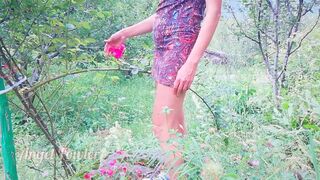 Nasty beauty Pissing on groving rose flowers in the garden - Hotty Fowler