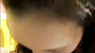 Floozy gets ejaculation next to her tramp stamp after sucking and riding dong