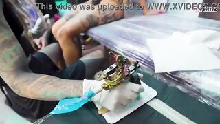 Tattoo Apprentice distracted from work by Customer SUCKING JOCK whilst getting tattooed