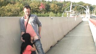 Cute brunette hair banged by her stepdad outdoors