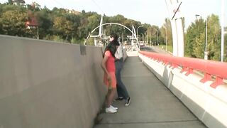 Cute brunette hair banged by her stepdad outdoors