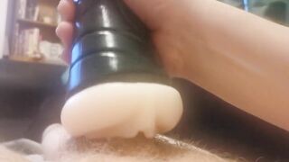 Large knob wank with Fleshlight and cums on the camera