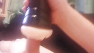 Large knob wank with Fleshlight and cums on the camera