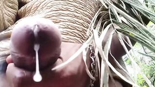 Triple cumshots of an uncut wang in the backyard