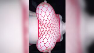 Giant Titties Preggy Chick in Red Mesh: Cowgirl Ride & Doggy Style