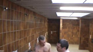 Trio in the swimming pool shower