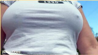 Amateur mother I'd like to fuck exposes her braless ideal breasts outdoors