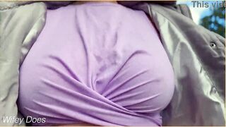 Amateur mother I'd like to fuck exposes her braless ideal breasts outdoors