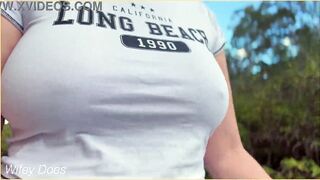 Amateur mother I'd like to fuck exposes her braless ideal breasts outdoors