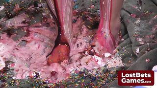 Four lesbian babes playing disrobe facial with immodest food play