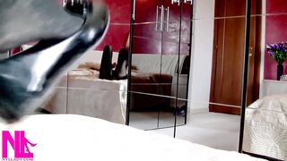 Masturbation Encouragement Dangling in Ebony Pattent Flats