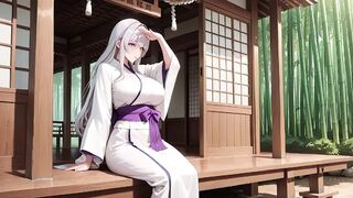 Silver-haired Miko Shrine Secrets! Half-unbuttoned White Kimono, Kneeling Positions and Intensive Eye Contact.