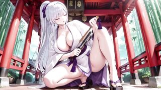 Silver-haired Miko Shrine Secrets! Half-unbuttoned White Kimono, Kneeling Positions and Intensive Eye Contact.