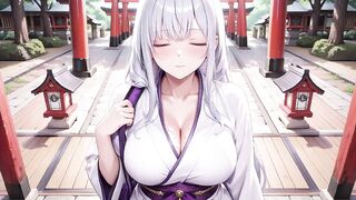 Silver-haired Miko Shrine Secrets! Half-unbuttoned White Kimono, Kneeling Positions and Intensive Eye Contact.