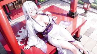 Silver-haired Miko Shrine Secrets! Half-unbuttoned White Kimono, Kneeling Positions and Intensive Eye Contact.