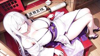Silver-haired Miko Shrine Secrets! Half-unbuttoned White Kimono, Kneeling Positions and Intensive Eye Contact.