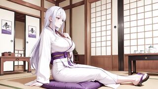 Silver-haired Miko Shrine Secrets! Half-unbuttoned White Kimono, Kneeling Positions and Intensive Eye Contact.