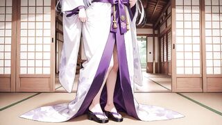 Silver-haired Miko Shrine Secrets! Half-unbuttoned White Kimono, Kneeling Positions and Intensive Eye Contact.