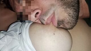 Sucking my wife's nipps throughout her clothing, I can't get over my addiction to her large natural tits