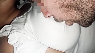 Sucking my wife's nipps throughout her clothing, I can't get over my addiction to her large natural tits