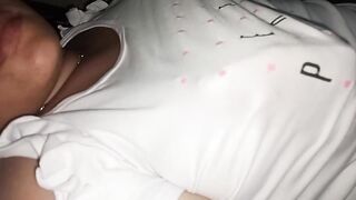 Sucking my wife's nipps throughout her clothing, I can't get over my addiction to her large natural tits