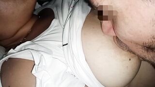 Sucking my wife's nipps throughout her clothing, I can't get over my addiction to her large natural tits