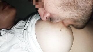 Sucking my wife's nipps throughout her clothing, I can't get over my addiction to her large natural tits