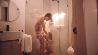 Real and vehement sex in the shower! I can't hold back and I cum in her butt…