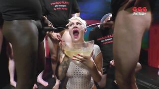 Tattooed Bitch Gulps Piddle and Rods in Bizarre Ggg Bukkake