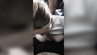 Blond amateur teasing and deepthroating a hard knob