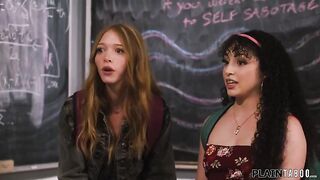 Students Pixie Smalls and Myra Groans ask their tech teacher for aid.Hes ready but crave their snatches in return.This guy fucks the one and the other tiny teens in class