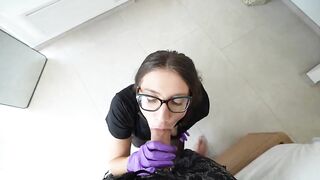 The nurse gave a oral with a cock-sock, let him screw her hard, and drank his cum after sex