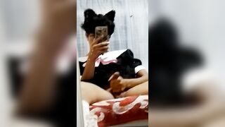 Maid femboy masturbates and cums on daybed