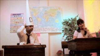 Elegant teacher with giant bombs gets wild and screw with a colleague in the class
